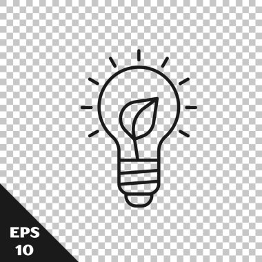 Şeffaf arkaplanda yaprak simgesi olan siyah çizgi lambası. Çevre enerjisi kavramı. Alternatif enerji kavramı. Vektör.