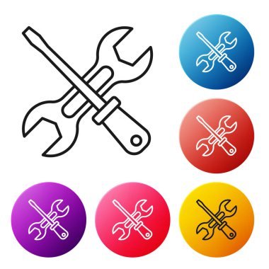 Beyaz arkaplanda siyah çizgi tornavida ve anahtar anahtarı simgesi izole edildi. Servis aracı sembolü. Renkli daire düğmelerini ayarlayın. Vektör.