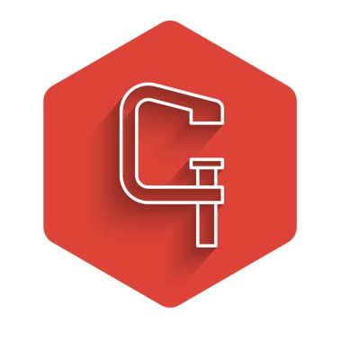 Beyaz çizgi klempi ve vida araç simgesi uzun gölgeli izole. Çilingir aleti. Kırmızı altıgen düğmesi. Vektör.