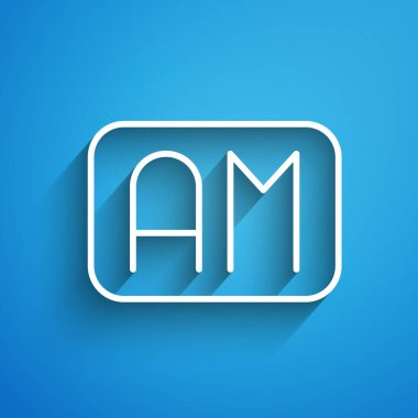 Beyaz çizgi Sabah Zaman simgesi mavi arkaplanda izole edildi. Zaman sembolü. Uzun gölge. Vektör.