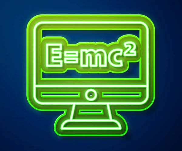 青色の背景に隔離されたコンピュータモニタアイコン上の方程式解のネオンライン数学システムを成長させます Eはコンピュータ画面上のMc二次方程式に等しい ベクトル — ストックベクタ