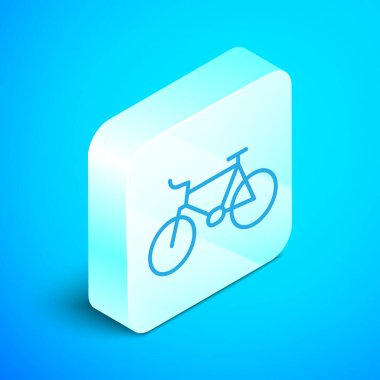 Isometric hat bisiklet simgesi mavi arkaplanda izole edildi. Bisiklet yarışı. Olağanüstü bir spor. Spor malzemeleri. Gümüş kare düğme. Vektör.