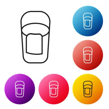 Beyaz zemin üzerinde bez simgesi olan siyah çizgi kovası. Temizlik hizmeti konsepti. Renkli daire düğmelerini ayarlayın. Vektör.