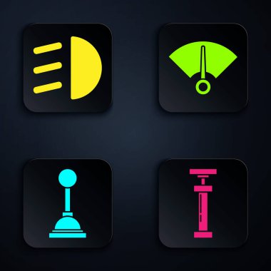 Araba pompası, yüksek ışın, vites kolu ve hız göstergesi ayarlayın. Siyah kare düğme. Vektör.