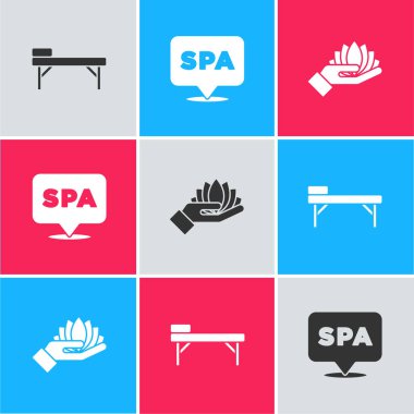 Masaj masası, kaplıca salonu ve nilüfer çiçeği ikonu. Vektör.