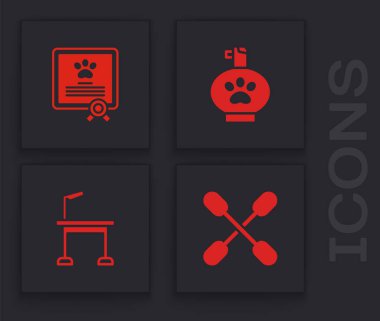 Kulak için pamuk çubuğu, sertifika kedisi, evcil hayvan şampuanı ve tımar masası ikonu hazırlayın. Vektör.