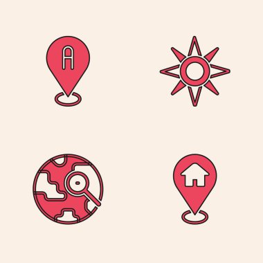 Konumu evle ayarla, Rüzgar gülü ve büyüteç cam küre simgesi. Vektör.