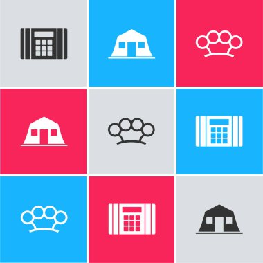 Dinamit bombası, askeri kışla ve pirinç muşta ikonu hazırlayın. Vektör.