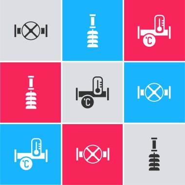 Endüstriyel boru ve vanayı, tuvalet fırçasını ve metalik ikonu ayarla. Vektör.