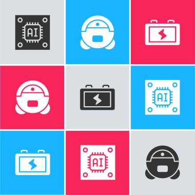 İşlemciyi mikro devre işlemcisi, robot elektrik süpürgesi ve pil ikonu ile ayarla. Vektör.