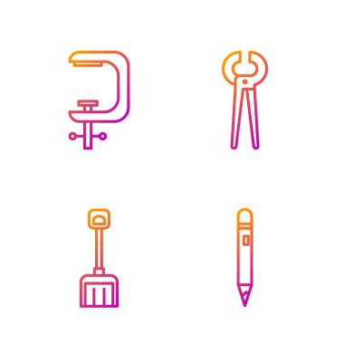 Silgi, kar küreği, klemp ve vida aleti, kıskaç ve pense ile dizin. Renk simgeleri. Vektör.