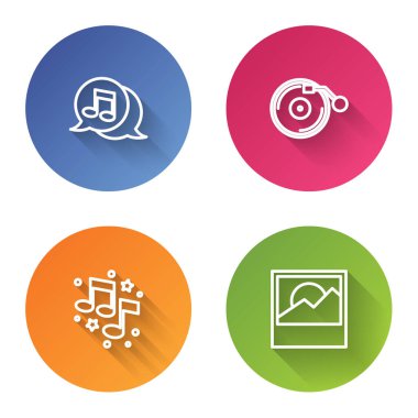 Konuşma balonunda müzikal notayı ayarla, disk, nota, ton ve fotoğraf ile vinil oynatıcı. Renkli daire düğmesi. Vektör.