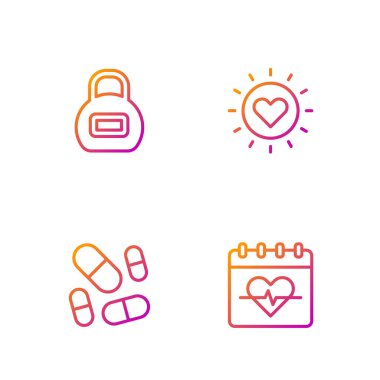 Kalp atış hızı, vitamin hapı, kettlebell ve Sun. Renk simgeleri. Vektör.