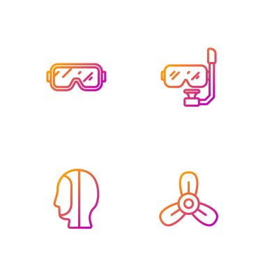 Tekne pervanesi, türbin, dalış kaputu, maske ve şnorkel ayarlayın. Renk simgeleri. Vektör.