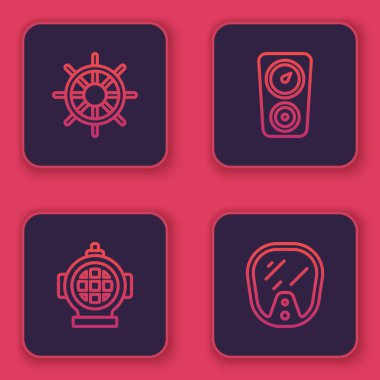 Hat direksiyonu, Aqualung, ölçü ve dalış maskesi ayarlayın. Mavi kare düğme. Vektör.