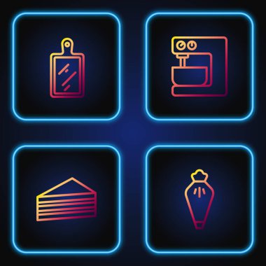 Pasta poşeti, pasta, kesme tahtası ve elektrikli mikser ayarlayın. Renk simgeleri. Vektör.