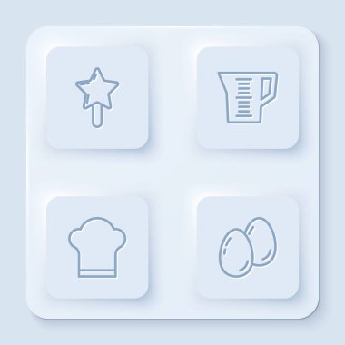 Hattı belirle, lolipop, ölçü kabı, şef şapkası ve paskalya yumurtası. Beyaz kare düğme. Vektör.