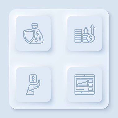 Kalkan ve para çantası, Finansal büyüme doları, Bitcoin ve ticaret kursları. Beyaz kare düğme. Vektör.