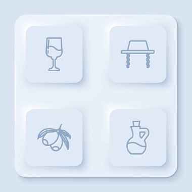 Yahudi kadehi, Ortodoks Yahudi şapkası, zeytin dalı ve bir şişe zeytinyağı. Beyaz kare düğme. Vektör.