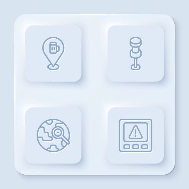 Alkol ya da bira barının yerini belirleyin, pin basın, küresel büyüteç ve GPS cihazı hatası. Beyaz kare düğme. Vektör.