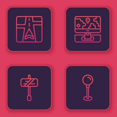 Haritalı GPS cihazını, trafik işaretini, konum işaretleyicisini ve pimini ayarla. Mavi kare düğme. Vektör.