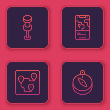 Line Push pimi, güzergah konumu, şehir haritası navigasyonu ve pusula ayarlayın. Mavi kare düğme. Vektör.