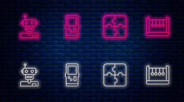 Çizgi Tetris, yapboz parçası, robot ve sarkaç. Tuğla duvarda parlayan neon simgesi. Vektör.