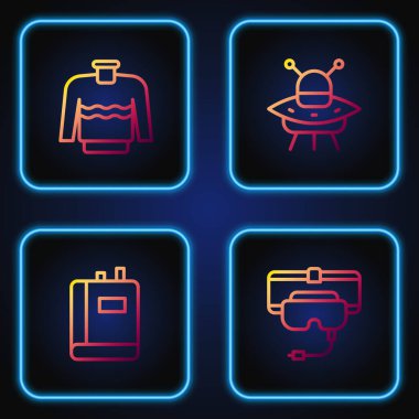 Sanal gerçeklik gözlükleri, kitap, süveter ve uçan uzay gemisi. Renk simgeleri. Vektör.