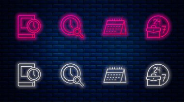 Çizgi büyüteçleri saat, takvim, kitap saati ve her zaman meşgul olarak ayarla. Tuğla duvarda parlayan neon simgesi. Vektör.