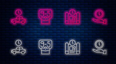 Çizgiyi 9 'dan ayarla, Proje Zaman Planı, Seyahat ve Saat. Tuğla duvarda parlayan neon simgesi. Vektör.
