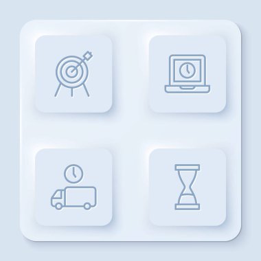 Hat oluşturma sporu, dizüstü bilgisayar zamanı, teslimat ve kumlu eski kum saati. Beyaz kare düğme. Vektör.