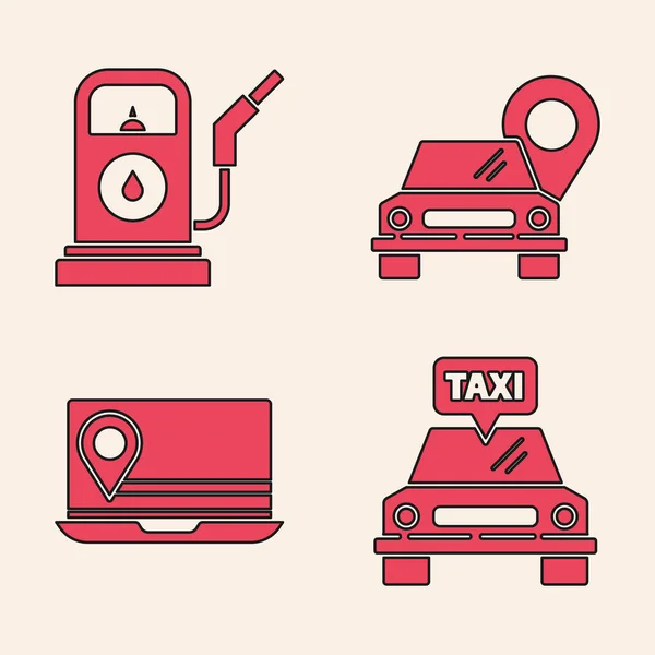 Set Taxi Tankstelle Oder Tankstelle Kartenzeiger Mit Taxi Und Laptop — Stockvektor