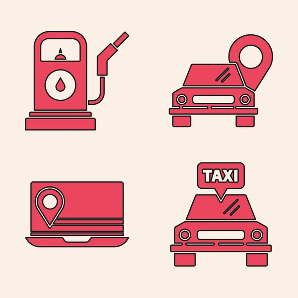 Állítsa Taxi Autó Benzin Vagy Benzinkút Térkép Mutató Taxi Laptop — Stock Vector