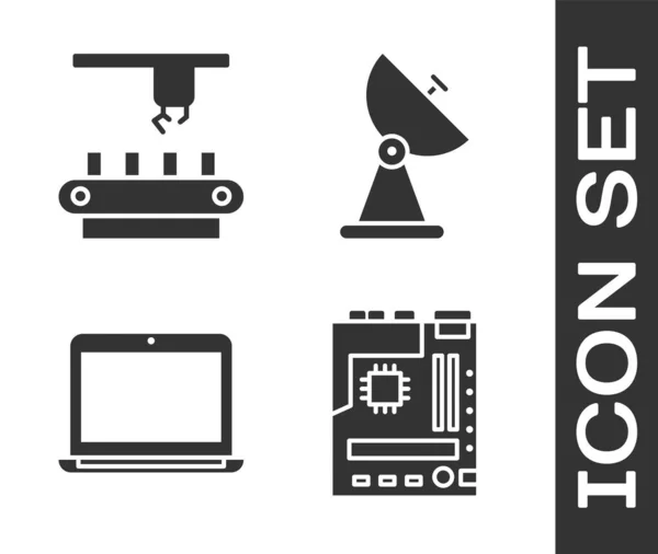 Set Motherboard Werksförderband Laptop Und Radarsymbol Vektor — Stockvektor