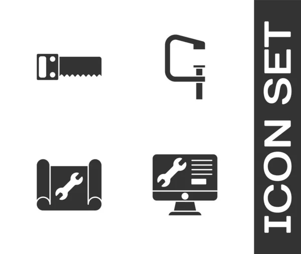 Set Servicio Monitor Computadora Sierra Manual Llave Papel Gráfica Icono — Archivo Imágenes Vectoriales