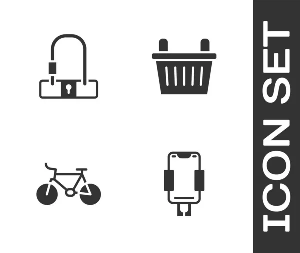 Set Mobile Holder Bicycle Lock Basket Icon Vector — Stock Vector