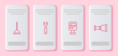 Kablo pompası, İngiliz anahtarı, basınç ölçer ve boru adaptörünü ayarla. Beyaz dikdörtgen düğme. Vektör.