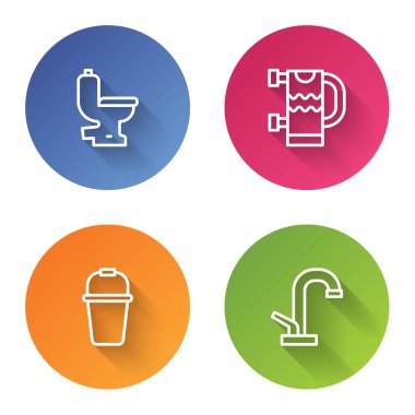 Hat klozeti, ısıtmalı havlu korkuluğu, kova ve su musluğu. Renkli daire düğmesi. Vektör.