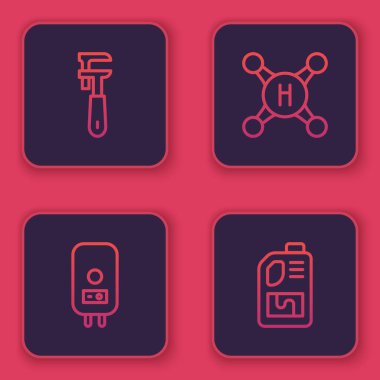 Hat ayarlanabilir boru anahtarı, elektrikli kazan, su musluğu ve lavabo açıcı şişesi. Mavi kare düğme. Vektör.