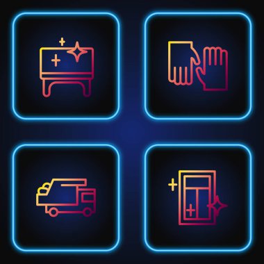 Pencere temizleme servisi, çöp kamyonu, masa ve lastik eldivenler. Renk simgeleri. Vektör.