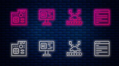 Line Software, Robotik robot kolu fabrikada, ana kart dijital çipi ve bilgisayar api arayüzü. Tuğla duvarda parlayan neon simgesi. Vektör.