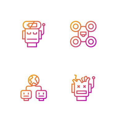 Hattı bozan robot, yapay zeka, düşük akü şarjı ve insansız hava aracı. Renk simgeleri. Vektör.