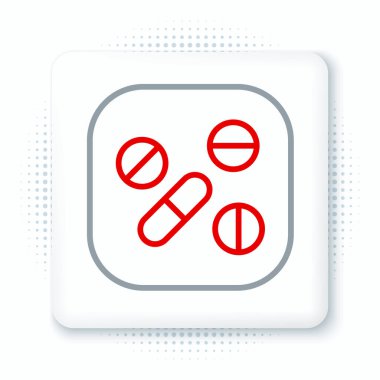 Beyaz arka planda izole edilmiş çizgi ilacı veya tablet ikonu. Kapsül hapı ve uyuşturucu işareti. Eczane tasarımı. Renkli taslak konsepti. Vektör.