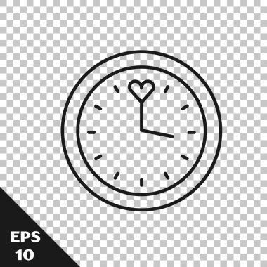 Şeffaf arkaplanda siyah çizgi saat simgesi izole edildi. Zaman sembolü. Vektör.