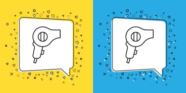 Sarı ve mavi arkaplanda çizgi saç kurutma ikonu izole edildi. Saç kurutma makinesi tabelası. Saç kurutma sembolü. Sıcak hava üflüyor. Vektör.