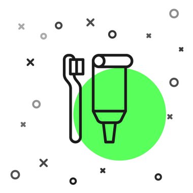 Beyaz arka planda siyah çizgi diş fırçası ve diş macunu ikonu tüpü izole edildi. Tek kullanımlık tuvalet malzemeleri. Vektör.