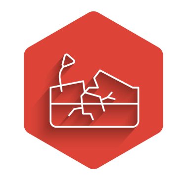 Beyaz çizgi, uzun gölgeli deprem ikonu. Kırmızı altıgen düğmesi. Vektör.