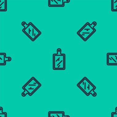 Mavi çizgi kesme simgesi yeşil arka planda izole edilmiş pürüzsüz desen. Kesme tahtası sembolü. Vektör.