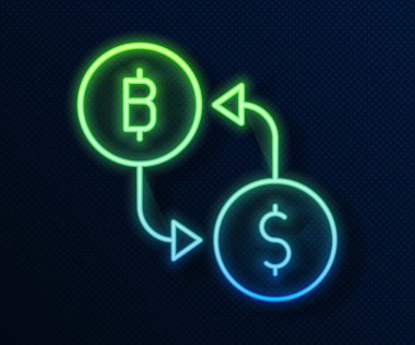 Parlayan neon hattı Kripto döviz simgesi mavi arkaplanda izole edildi. Bitcoin 'den dolar takas simgesine. Kripto para teknolojisi, mobil bankacılık. Vektör.