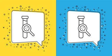 Sarı ve mavi arkaplanda çizgi test tüpü ve matara kimyasal test ikonu izole edildi. Laboratuvar cam levhası. Vektör.